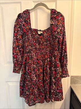 Women’s American Eagle Floral Smocked Dress - Black with Pink & Purple Flowers
